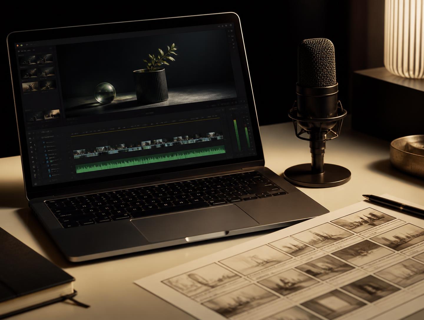 Editing timeline and narration setup producing a 60-second narrated visual
