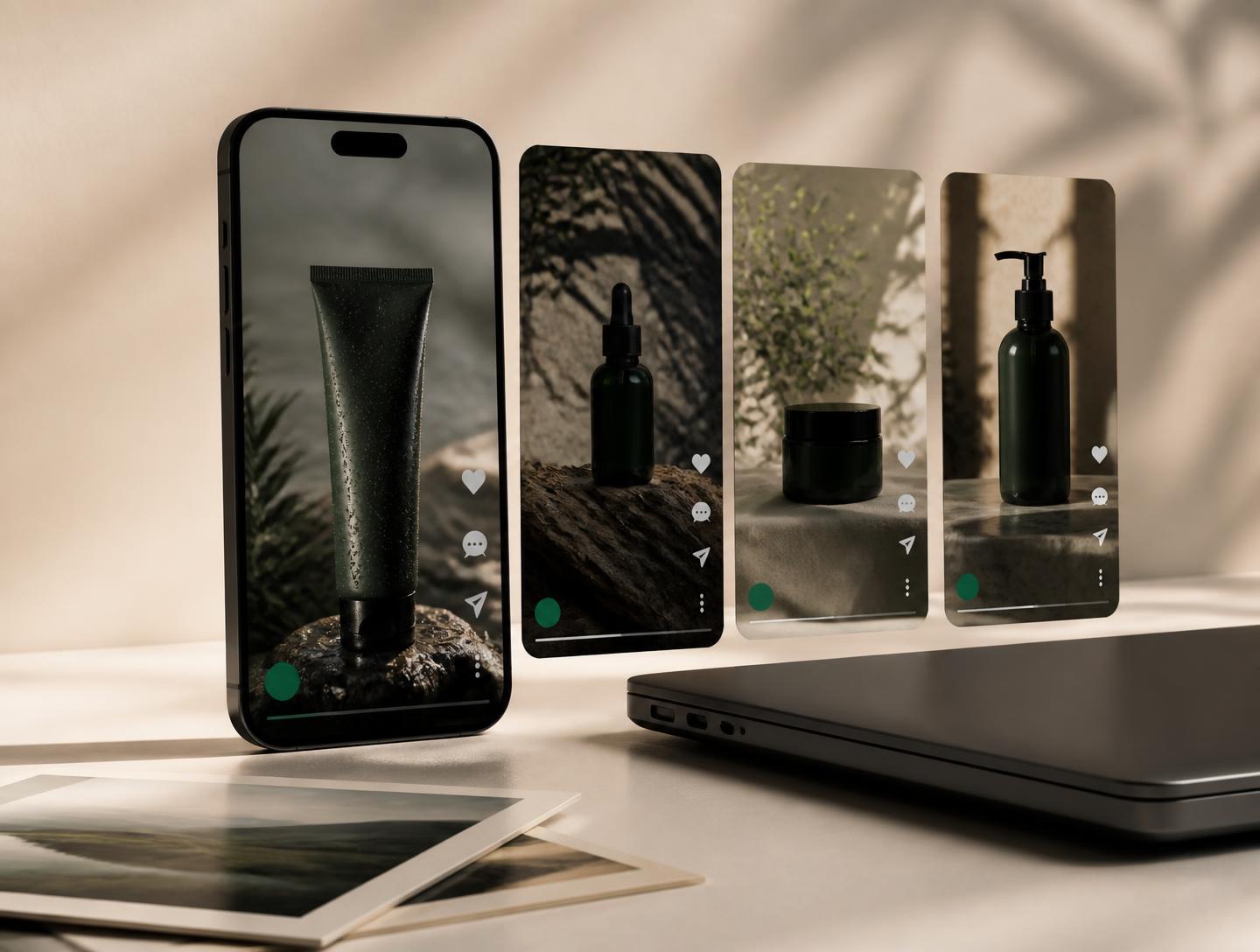 Finished vertical social videos displayed on a phone beside raw photo prints