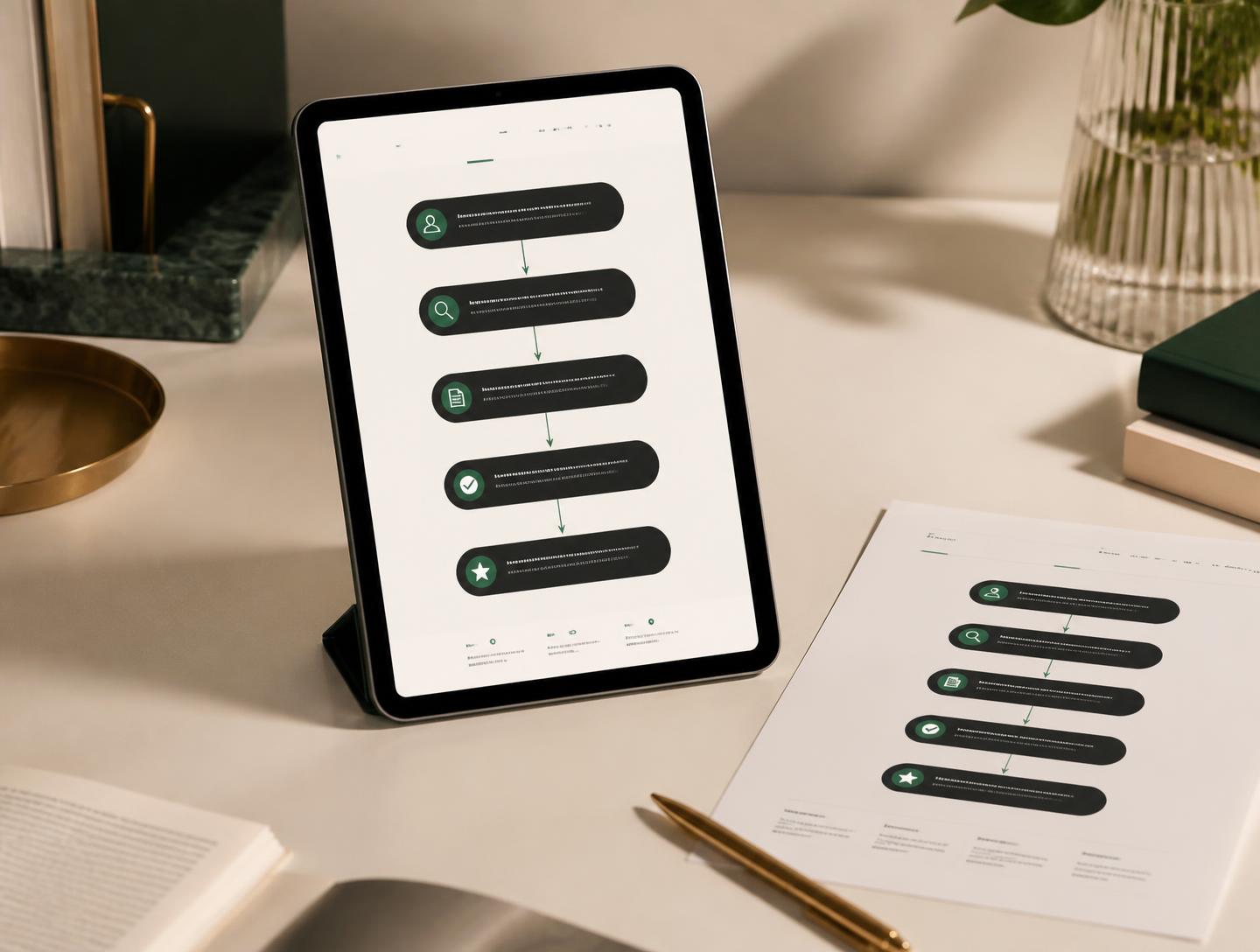 Customer journey workflow from new lead to review shown on a tablet and printed process map
