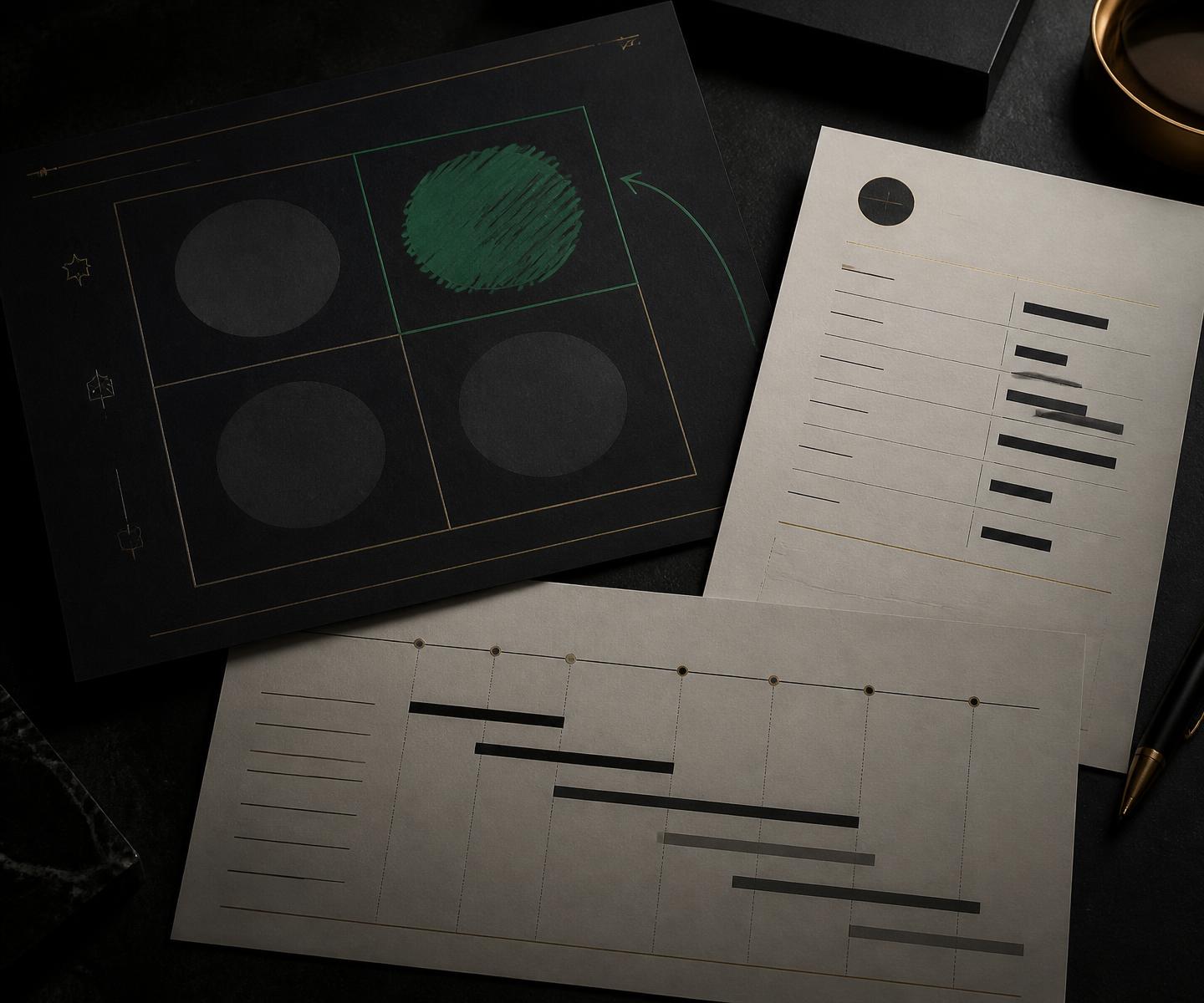 Priority matrix, business health assessment and roadmap documents from an executive strategy session