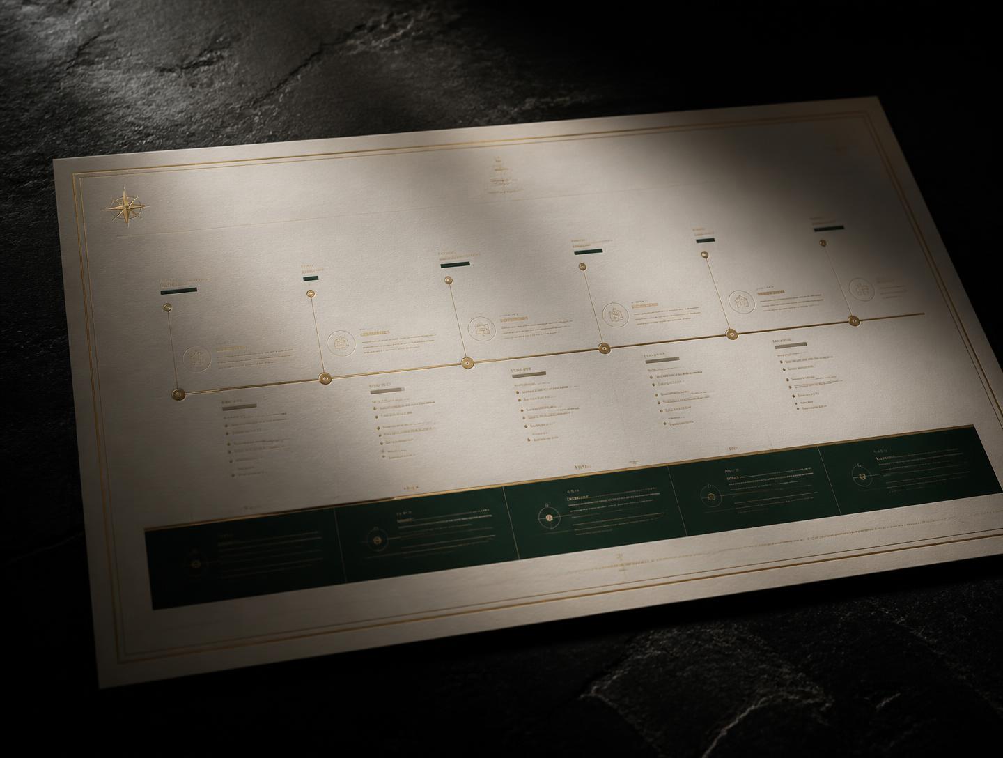 Printed executive roadmap with milestone markers